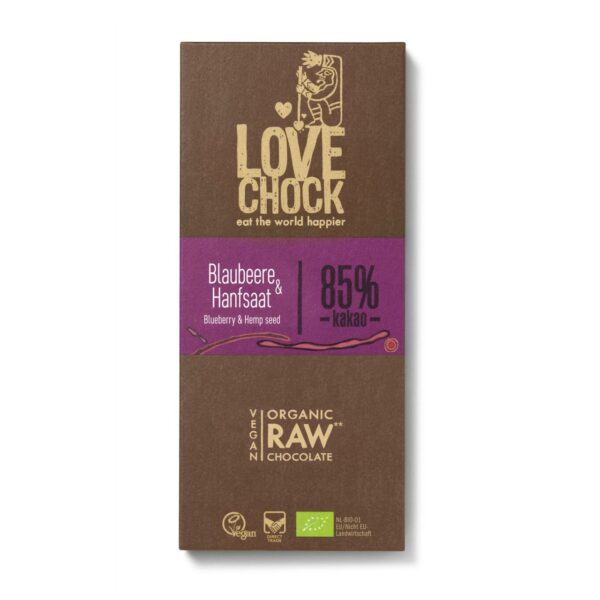 Chocolat cru aux myrtilles et graines de chanvre 84% cru - 70g - LOVECHOCK