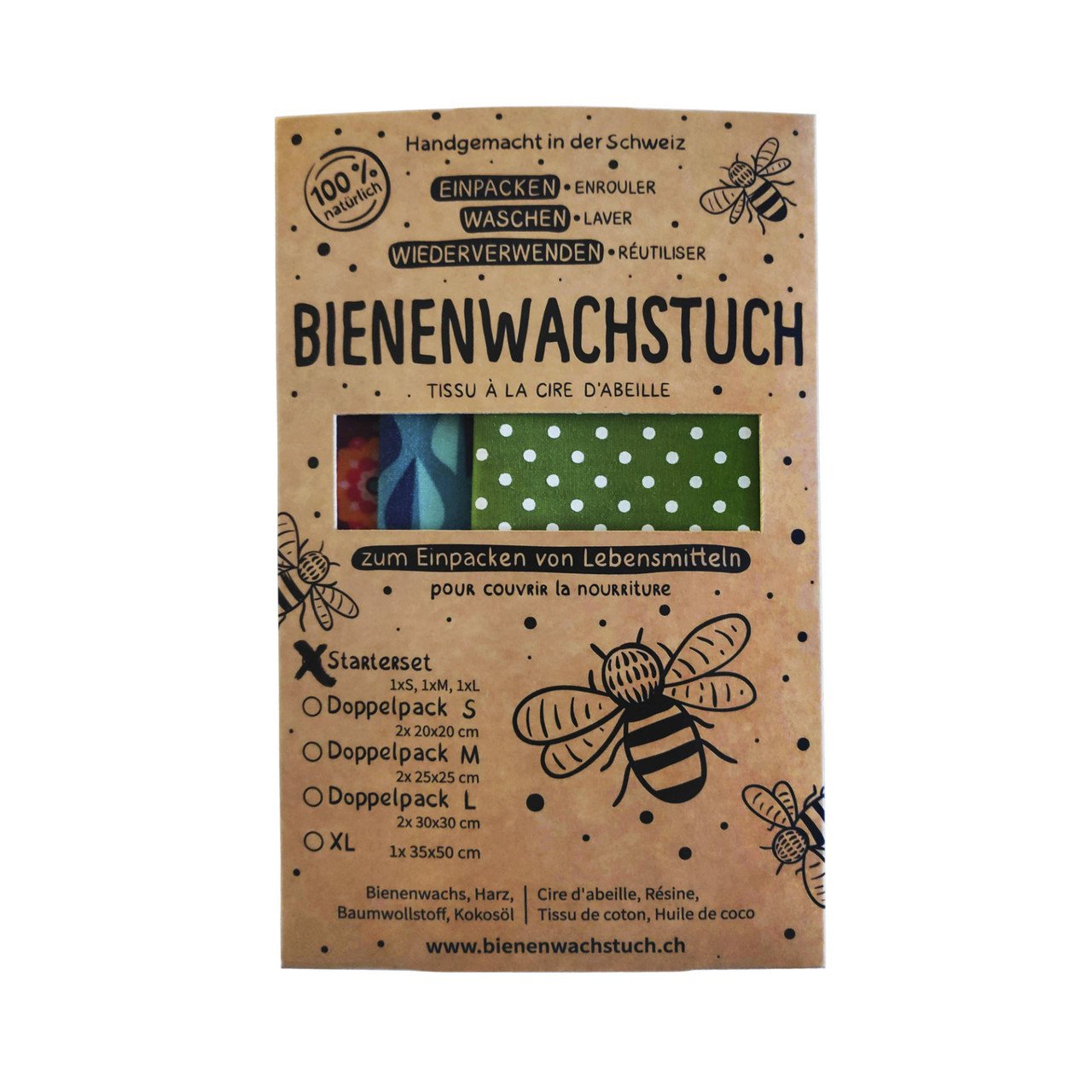 Tissu à la cire d'abeille (1x S, 1x M, 1x L) - RapNika GmbH